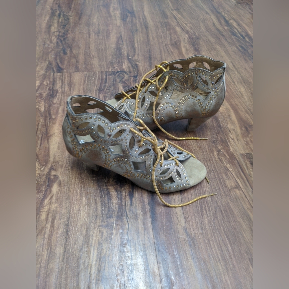Gold Heels 6.5 Distressed Lace-up Gold Bling Fairycore Cottage Whimsy Festival